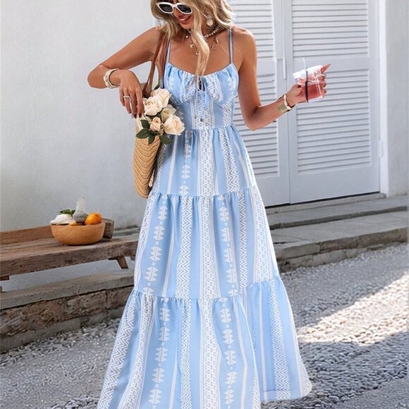 Blue Boho Women's Woven Print Spaghetti Strap Long Dress - Picture 3 of 6